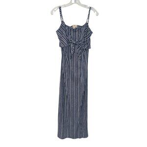 Striped Blue & White Long Maxi Dress w/Thigh Slit, Bow and Cut-Out - Size XL